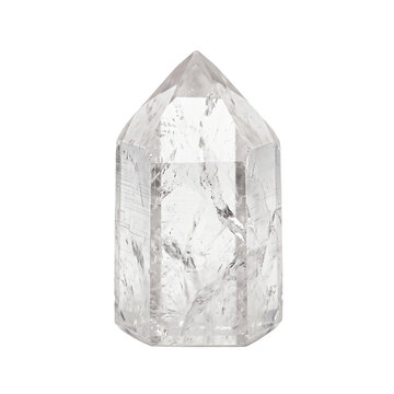 A clear quartz crystal point with visible natural inclusions and rough facets, standing upright and showcasing its translucent beauty on transparent background.