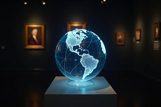 Futuristic glowing digital globe with Americas map displayed on pedestal in dark museum room with framed paintings on walls