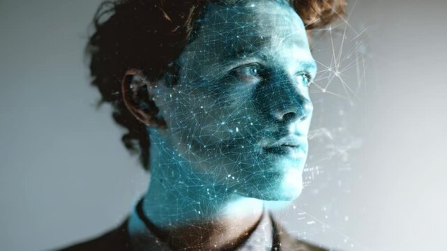 A thoughtful young man gazes into the distance, his face merged with abstract digital lines and nodes. This image represents AI, innovation, and the integration of technology in modern life