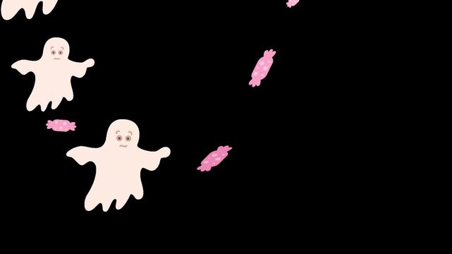 Flying cute gosts and candies on transparent background, Halloween Animation transparent ghosts, alfa chanel