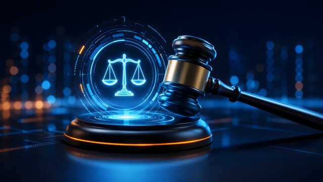 Wooden judge gavel beside glowing blue holographic scales of justice symbol. Concept of cyber law for corporate governance and legal technology.