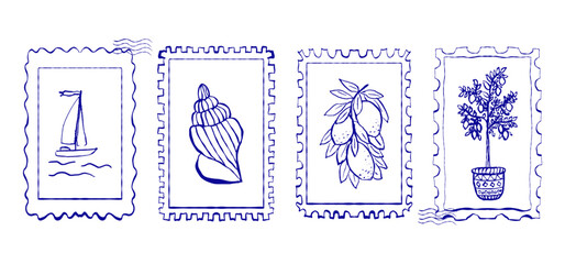 Whimsical blue doodle frames with lemon, boat, shell. Greek, italian stamp in retro coquette style on white background. Hand-drawn vector set for menu, greeting cards, party decor, postcard © Екатерина Тарасова