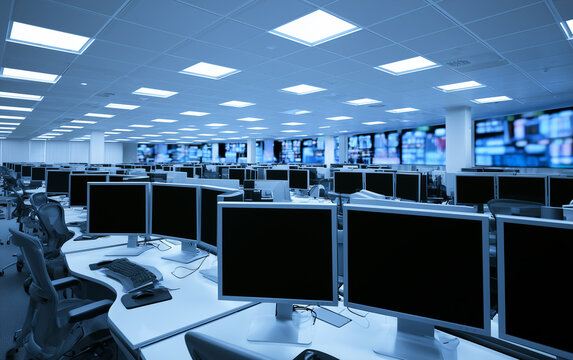 Rows of modern computer workstations in a brightly lit, contemporary office environment, ideal for technology themes