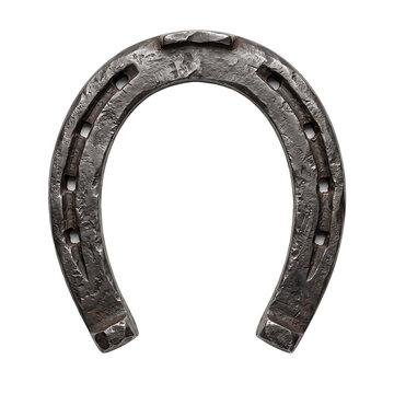 Old rustic horseshoe isolated on transparent background cutout horseshoe lucky charm metal antique horse shoe used worn symbol luck protection.