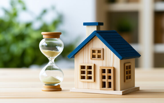Miniature wooden house and hourglass on a table, representing time and real estate investment