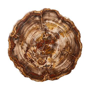 Polished petrified wood slab showing ancient tree ring patterns isolated on transparent background fossilized timber slice brown fossil mineral specimen nature decoration.