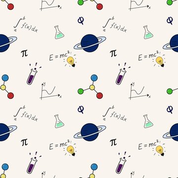 Seamless science pattern with hand drawn chemistry, physics, math and astronomy doodles. Hand drawn STEM pattern with planets, molecules, laboratory flasks and math symbols.