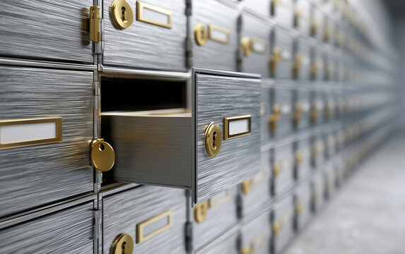 Security and Safety: An Open Safe Deposit Box in a Vault, Offering Secure Storage and Financial Privacy
