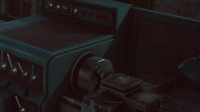 A control panel with several buttons and levers is visible in a darkened room. The setting gives a sense of being within a technical space. There is equipment in the background.