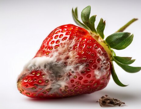 close up of spoiled strawberry with mold and rot on white background concept of food decay fruit spoilage and unhealthy produce