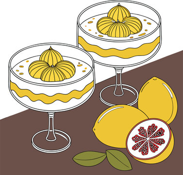 Elegant Ribbed Glass Coupes Filled with Layered Lemon Curd Dessert and Fresh Fruit Still Life.