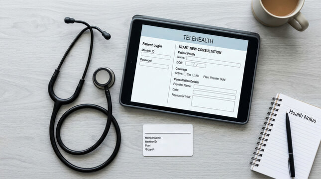 Flat lay of a tablet displaying a telehealth consultation screen next to a stethoscope and health notes representing telemedicine, online doctor appointments, and remote digital healthcare services.