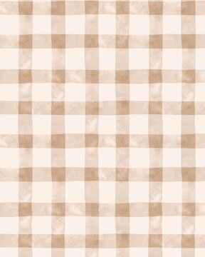 Beige watercolor gingham pattern background, soft tan checkered grid texture, neutral aesthetic seamless backdrop for invitation, packaging vector.