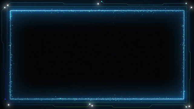 Blue futuristic tech screen frame cyan glowing border, dark center space, circuit style corners, subtle particles. for interface streaming overlays, product titles, gaming screens, motion graphics.