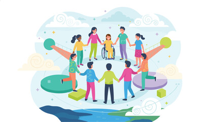 Obraz premium Diverse group of joyful children including a girl in a wheelchair standing in a circle formation on a bright platform.