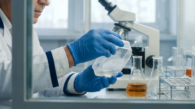 A male laboratory technician wearing white lab coat and blue protective gloves examines a plastic container filled with clear liquid sample while working in a modern clinical research