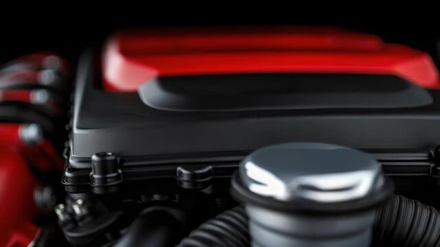 Close-up of Car Engine Components: A detailed, shallow-depth-of-field view showcasing the intricate metal parts of a high-performance vehicle engine, highlighting mechanical precision and power.