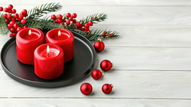 Christmas Decoration with Red Candles and Berries: A festive arrangement featuring three lit red candles on a black plate, adorned with sprigs of evergreen and red berries.