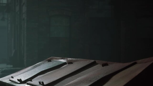 A dumpster stands in a dark alley. Light from above casts shadows around. The scene shows the details of the dumpster and the surrounding area. It is night time.