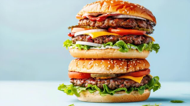 Gourmet Double Decker Burger: A towering double-decker hamburger, bursting with juicy patties, melted cheese, fresh lettuce, ripe tomatoes, and pickles, all nestled within a toasted sesame seed bun.