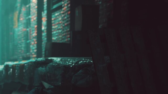 A wet alley shows brick walls with boxes stacked against them. The ground reflects light, creating a misty look. This scene is set at night with no people visible.