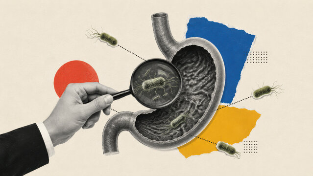 Digestive infection and cyclosporiasis outbreak scene with stomach bacteria in paper collage style