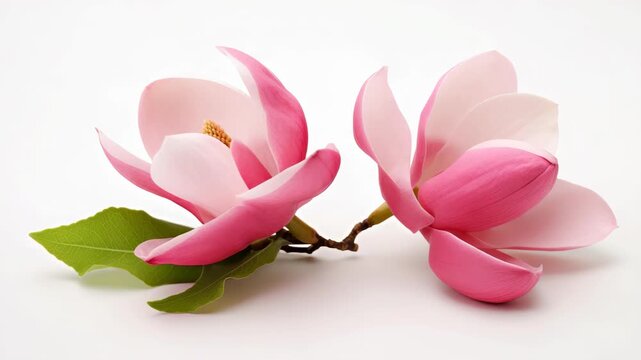 Two Pink Magnolia Blossoms: Two delicate pink magnolia blossoms with vibrant green leaves, presented against a clean, isolated backdrop, symbolize spring's gentle arrival and natural beauty.