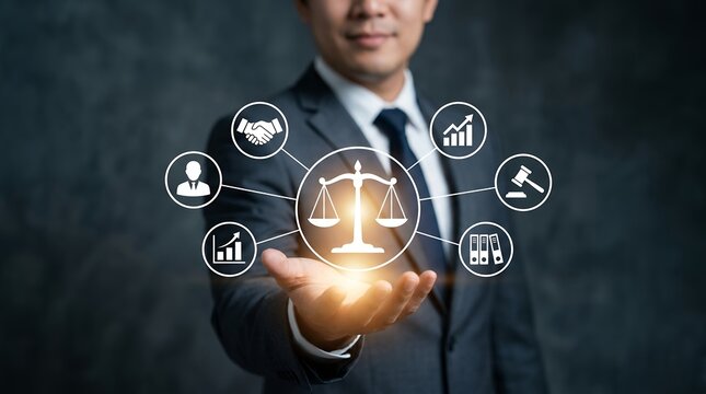 Businessman holding a glowing scales of justice icon with connected symbols representing legal and business concepts law court judge agreement contract fairness justice system