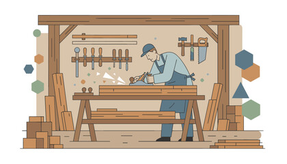 Fototapeta premium Professional woodworker using a hand plane to smooth a wooden board at a workbench in a bright carpentry workshop interior setting.