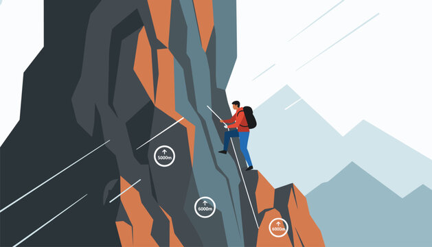 Adventurous climber scaling steep rocky mountain face with heavy gear while reaching higher altitude targets.