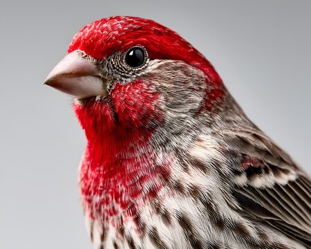 Close-up portrait of a male House Finch with vibrant red and brown feathers on a light grey background