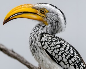 Fototapeta premium Close-up profile of a Southern Yellow-billed Hornbill showcasing its vibrant yellow bill and detailed black and white plumage against a soft grey background
