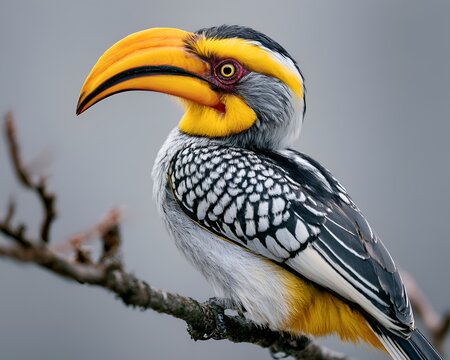 Vibrant Southern Yellow-billed Hornbill perched on a branch, showcasing its striking yellow beak and patterned feathers in a natural wildlife setting