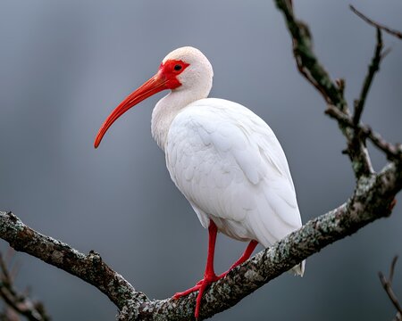 White Ibis with striking red beak and legs perched on a lichen-covered branch against a soft grey background