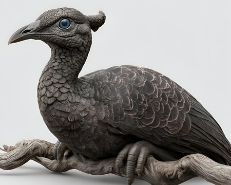 Detailed dark fantasy bird creature with vibrant blue eyes and a unique head crest, resting on a weathered tree branch in a studio setting