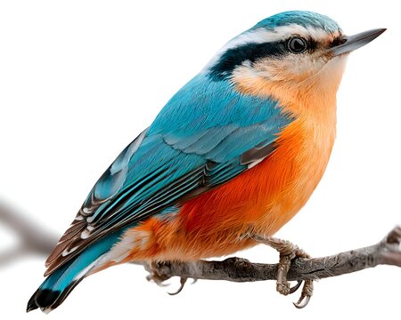 Vibrant blue and orange nuthatch bird perched on a branch against a clean white background
