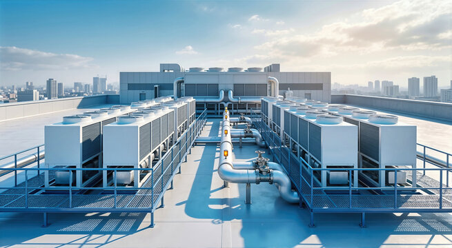 Rooftop chiller infrastructure with steel grating walkways. Large industrial HVAC cooling system on building roof