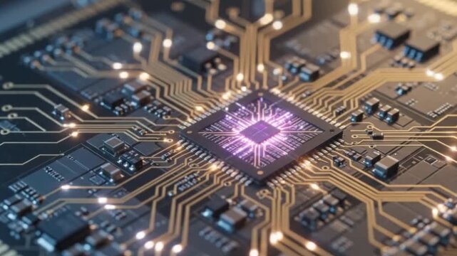Scientists developing neuromorphic processors inspired by the human brain, futuristic semiconductor laboratory, glowing microchip prototypes, cinematic macro cinematography.