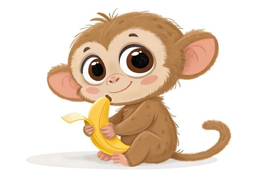 Cute cartoon monkey eating banana with happy expression