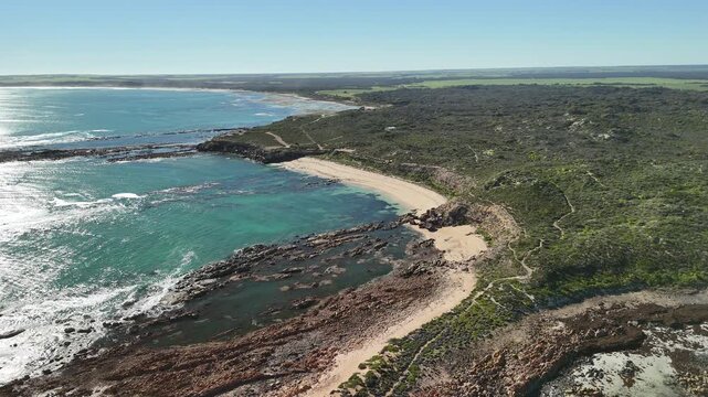 Blue Bay, White Hut, South Australia &ndash; 4K aerial drone view of pristine beach, turquoise waters, coastal dunes, Thidna Beach, Daly Head, Yorke Peninsula coastline, Gleesons Landing - Bush Campground