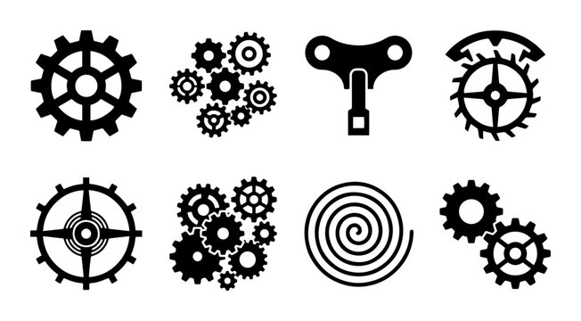 Mechanical Gears and Clockwork Elements, Industrial Machine Parts, Vintage Engineering Icons