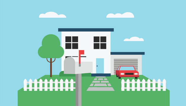 Suburban house illustration features a white dwelling with a red car parked in the garage under a clear blue sky with white clouds.