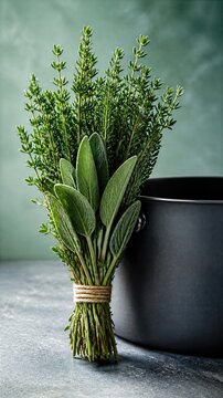 Fresh bundle of thyme and sage herbs tied with twine standing next to a black matte cooking pot. Culinary ingredients on dark textured table with green background