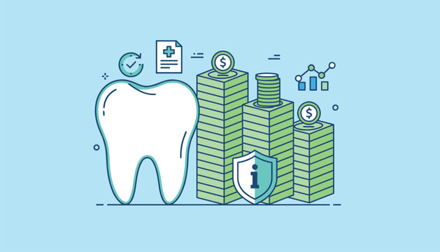 Financial savings growth for dental health depicted by stacks of currency coins and protective security shield.