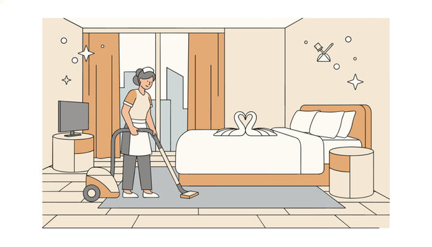 Professional hotel maid using vacuum cleaner in clean guest room featuring folded swan towels on bed.