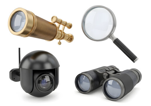Vintage brass telescope, security camera, binoculars, and magnifying glass on white background
