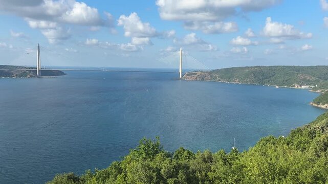 A view of the Yavuz Sultan Selim Bridge and the entrance to the Bosphorus in Istanbul, Turkey.