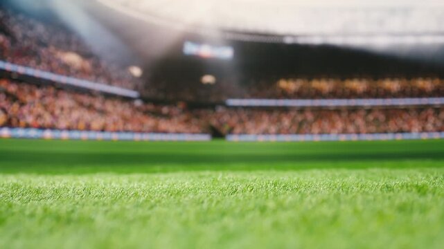 Footballer running forward with soccer ball in possession, breaking away from defender with agility and pace, low angle composition shows intense football attack and sports action with motion blur.