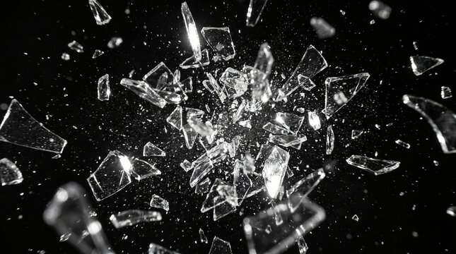 Sharp shards of broken glass exploding and flying outward against a pitch-black background.
