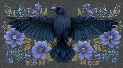 Obraz premium Symmetrical illustration of a dark blue raven with spread wings. Gothic floral background with purple flowers and blue berries